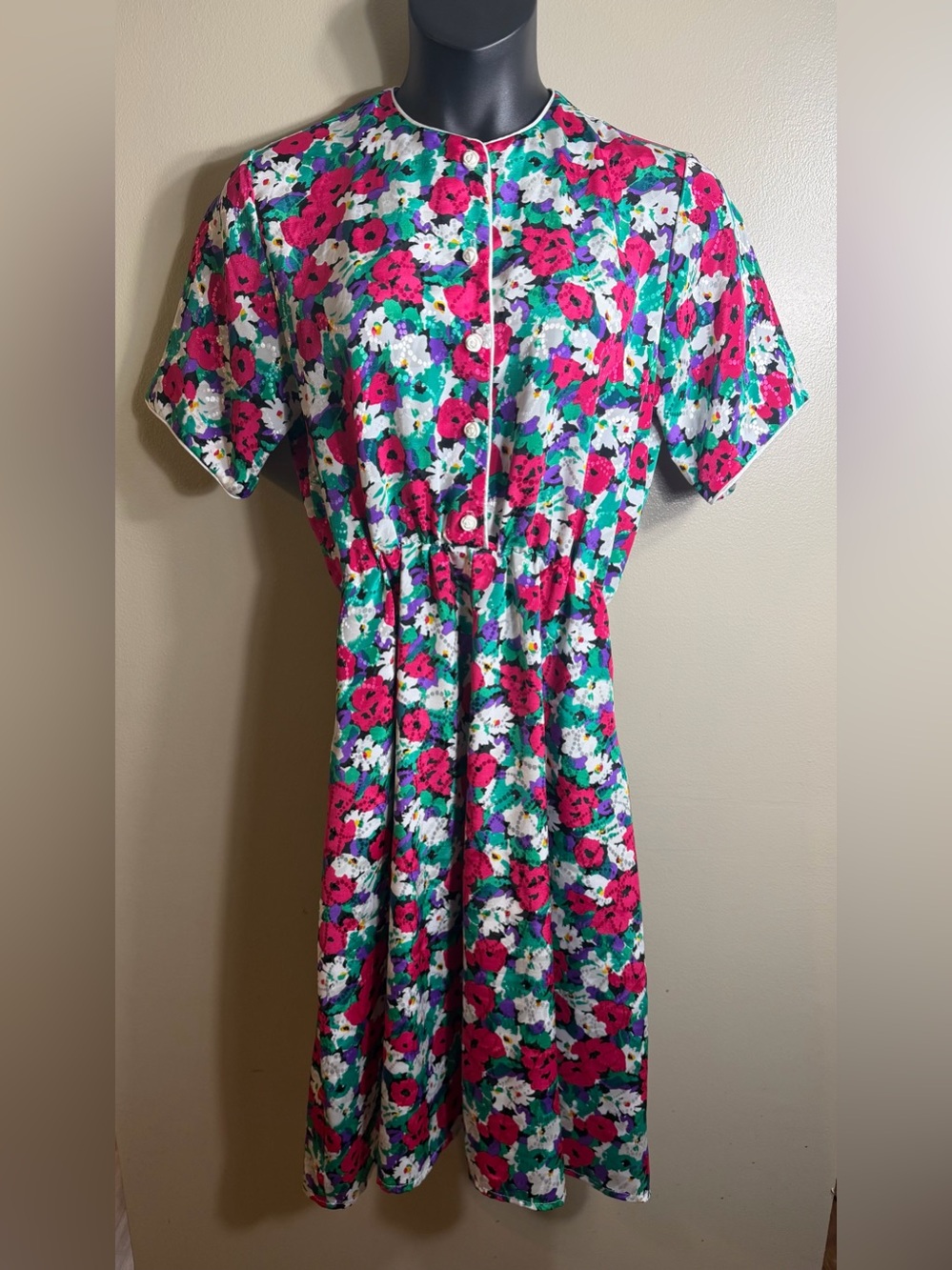 Vintage Appleseed's Floral Midi Dress 16P Pink Teal Rose Buttons Pockets - Picture 1 of 7